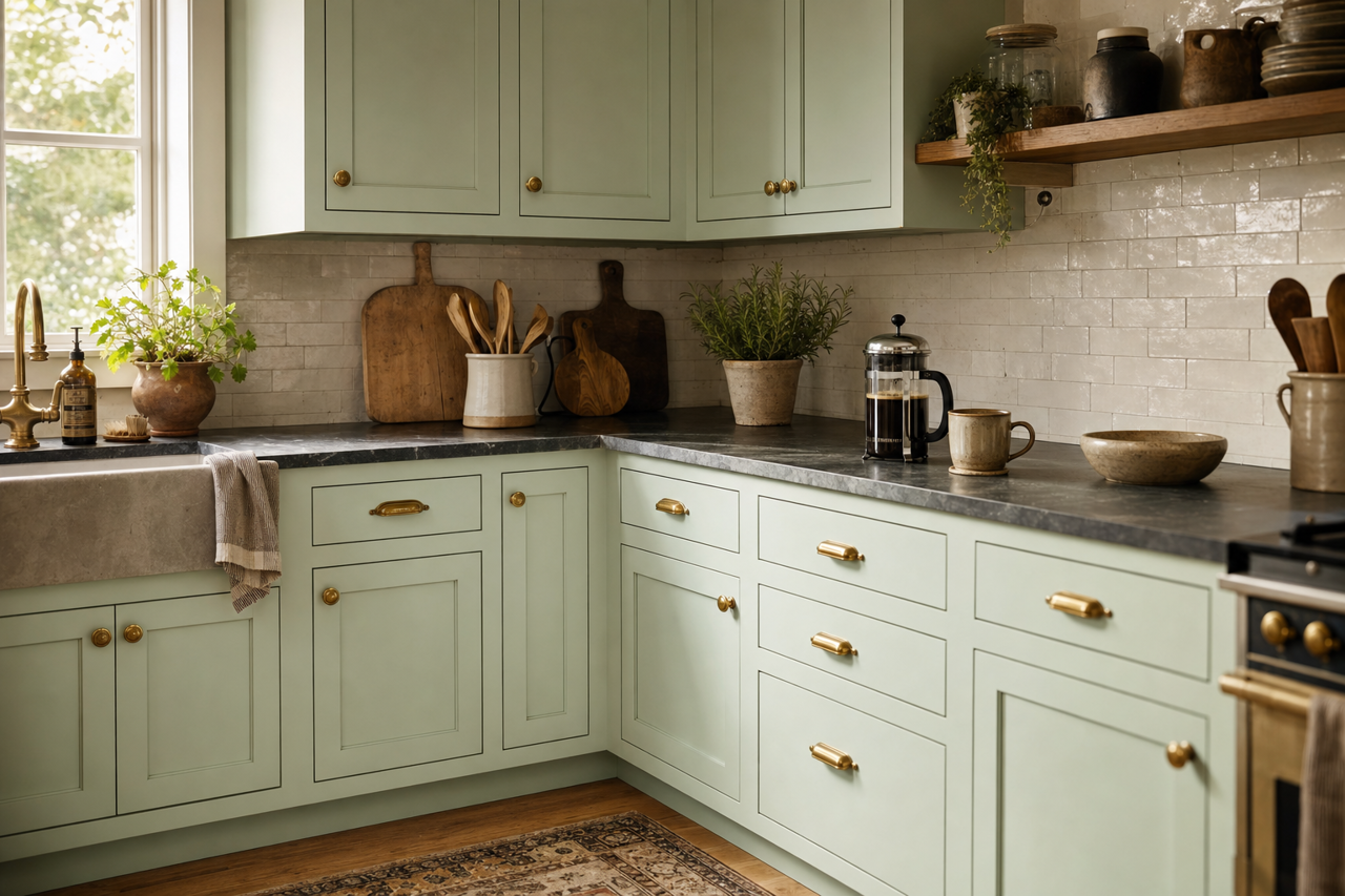 Feather Green by Benjamin Moore on cabinets