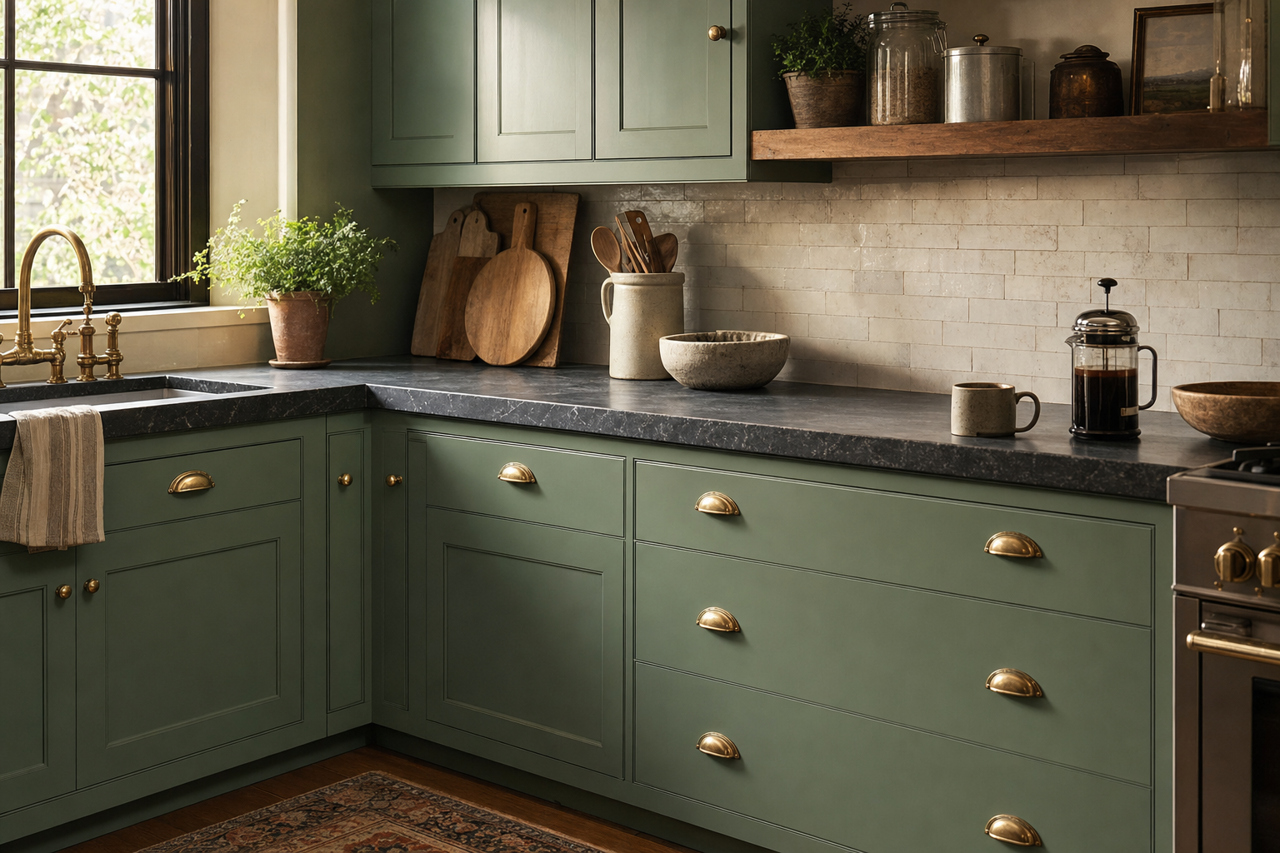 Weeping Willow by Benjamin Moore on cabinets