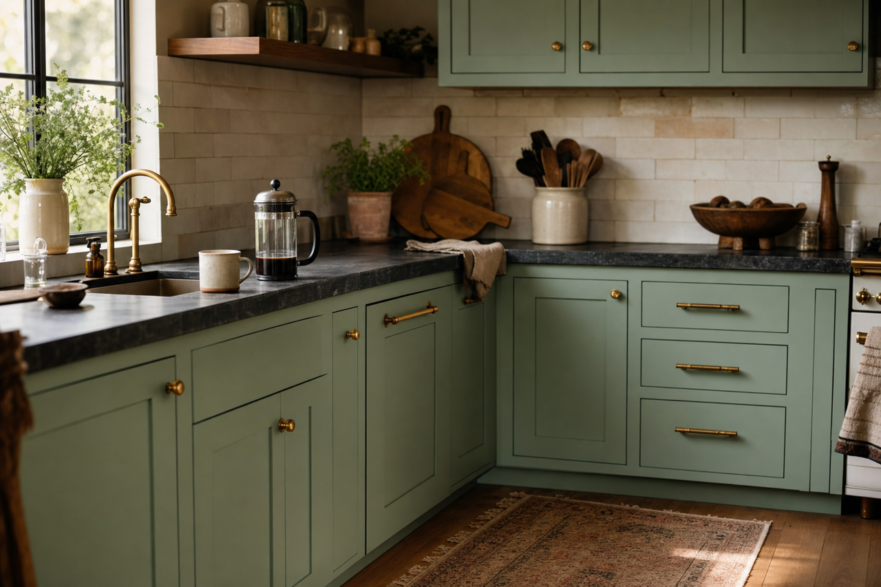 Forest Valley Green by Benjamin Moore on cabinets