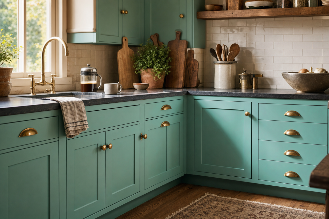 Kokopelli Teal by Benjamin Moore on cabinets