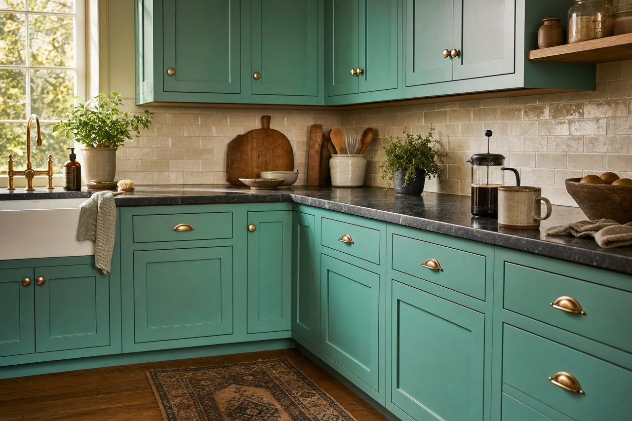 Captivating Teal by Benjamin Moore on cabinets
