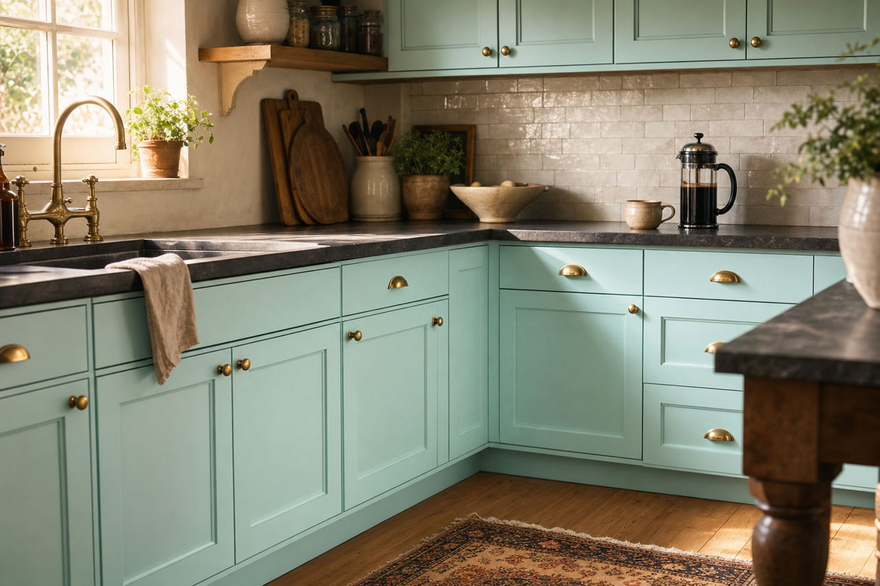 Seagrove by Benjamin Moore on cabinets