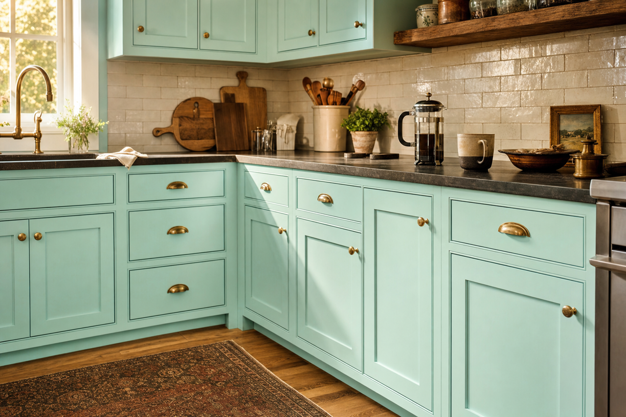 Harbor Side Teal by Benjamin Moore on cabinets