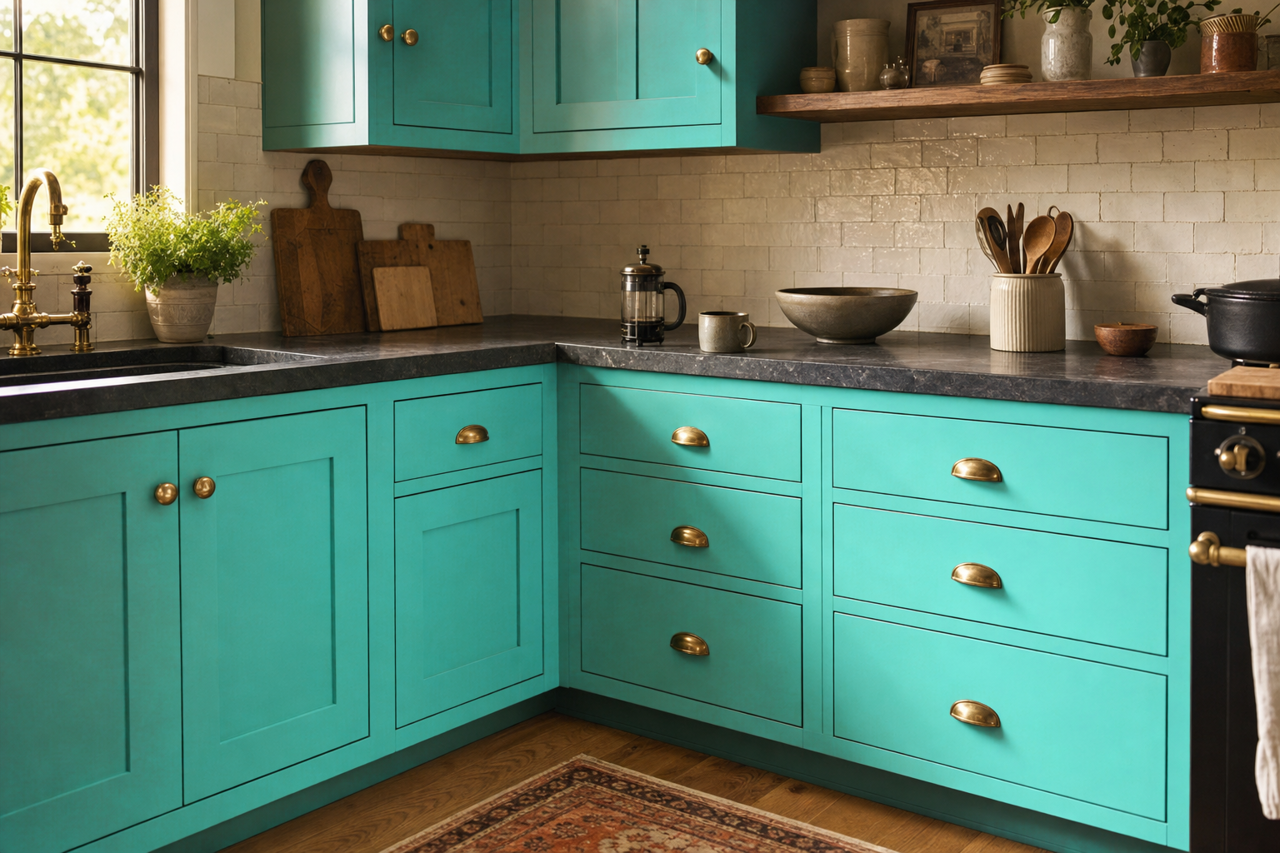 Miami Teal by Benjamin Moore on cabinets