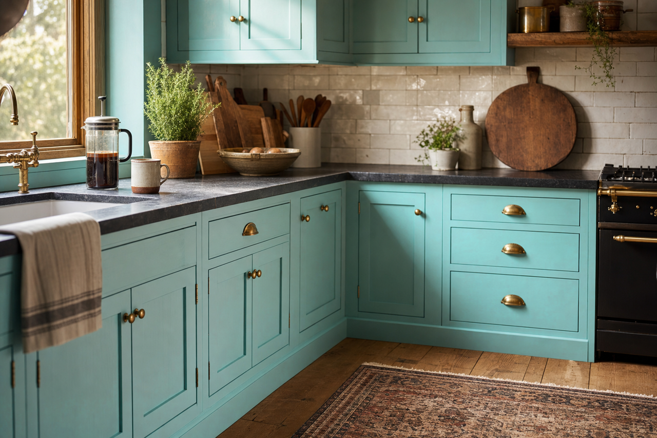 Caribbean Cool by Benjamin Moore on cabinets
