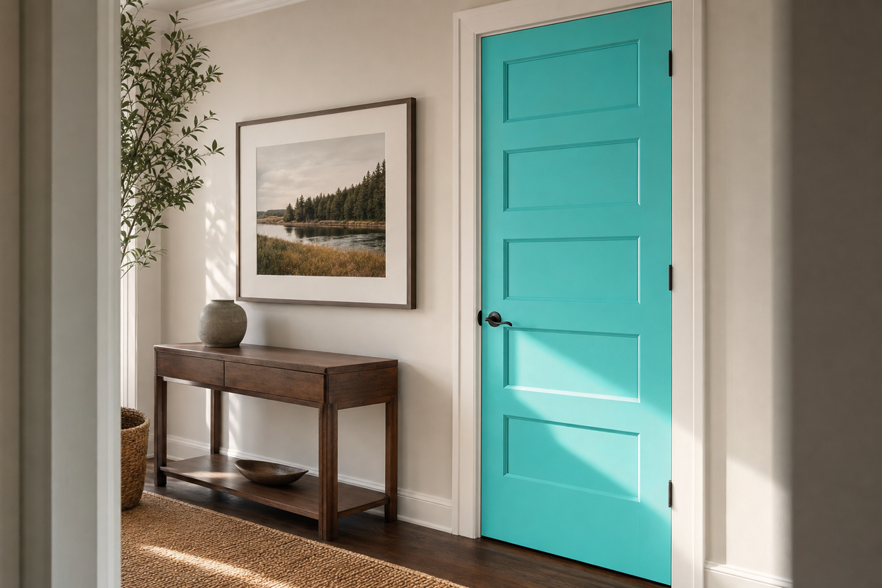 Teal Tone by Benjamin Moore on interior-doors