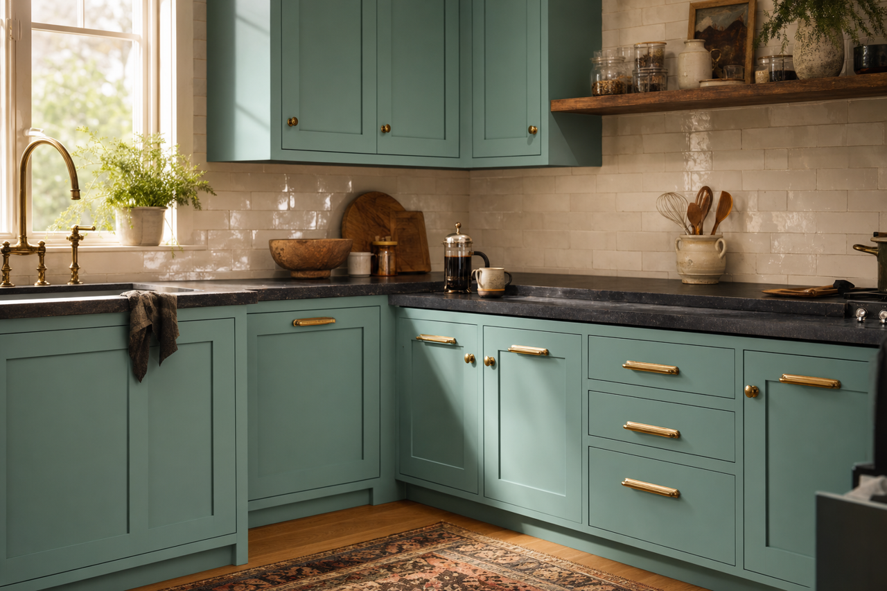 Azure Water by Benjamin Moore on cabinets