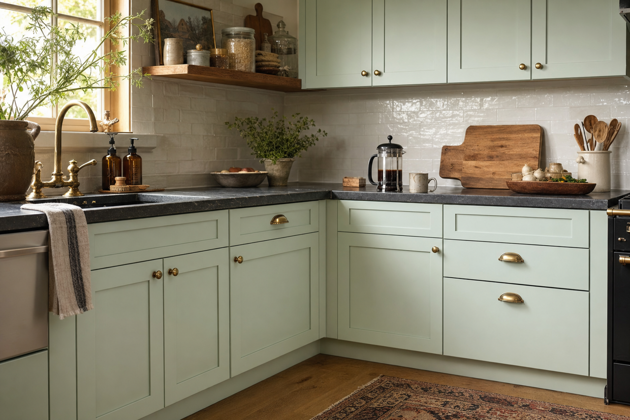 Opal Essence by Benjamin Moore on cabinets