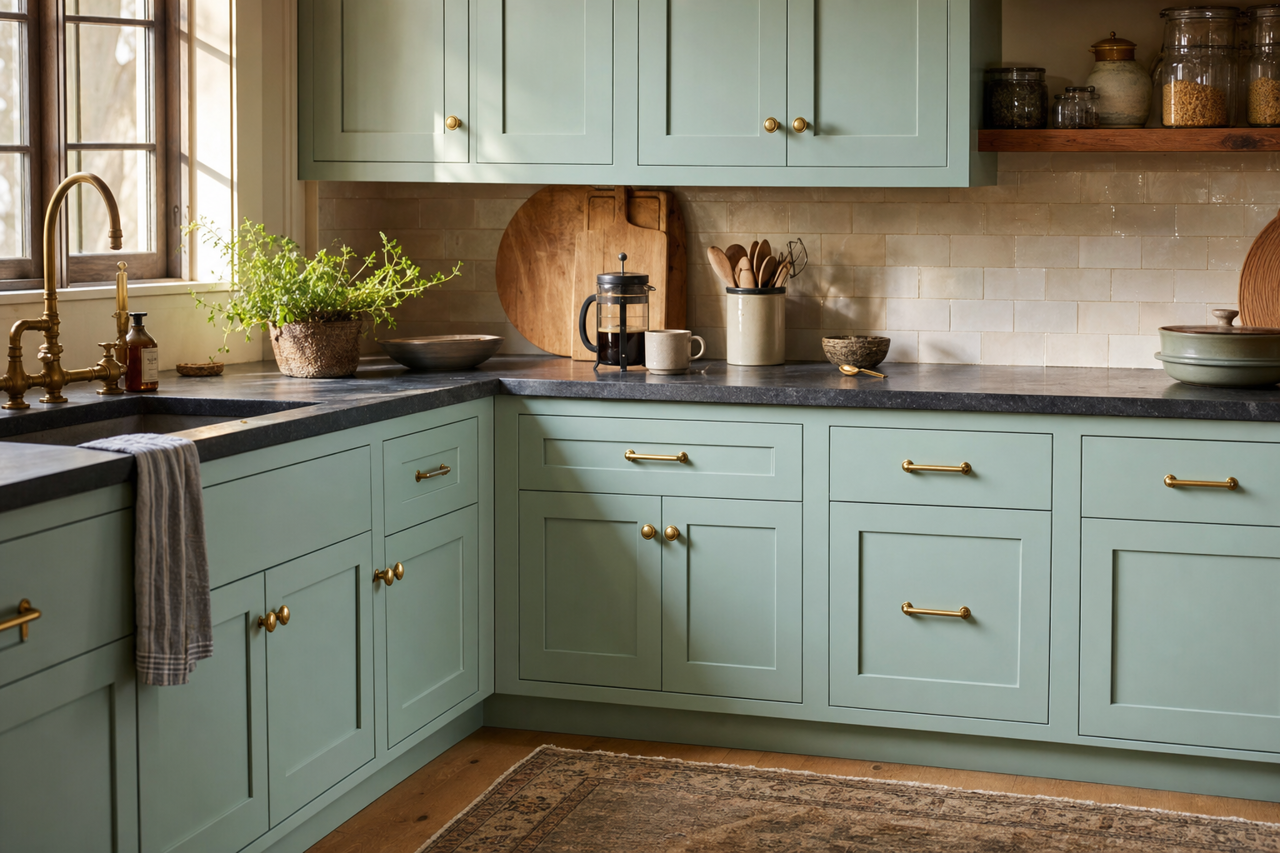 Warm Springs by Benjamin Moore on cabinets
