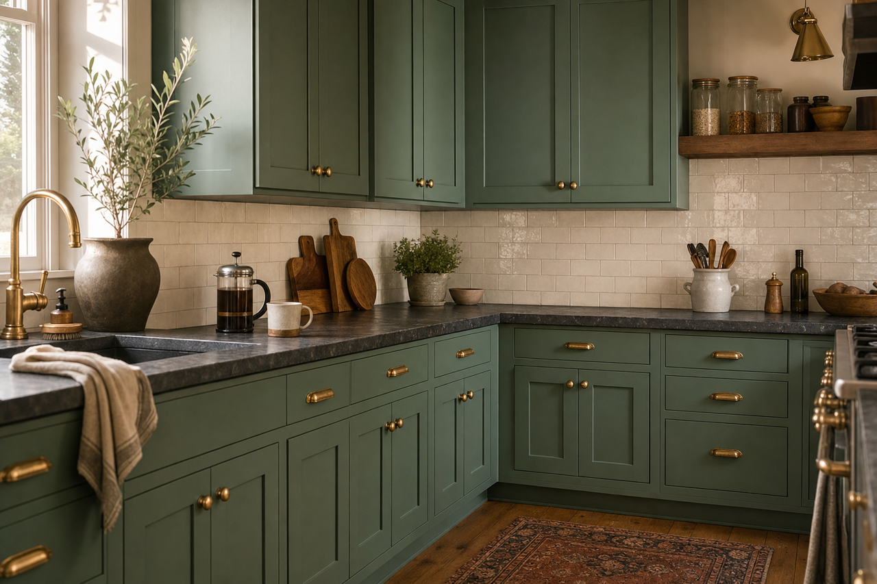 Verdigris by Benjamin Moore on cabinets