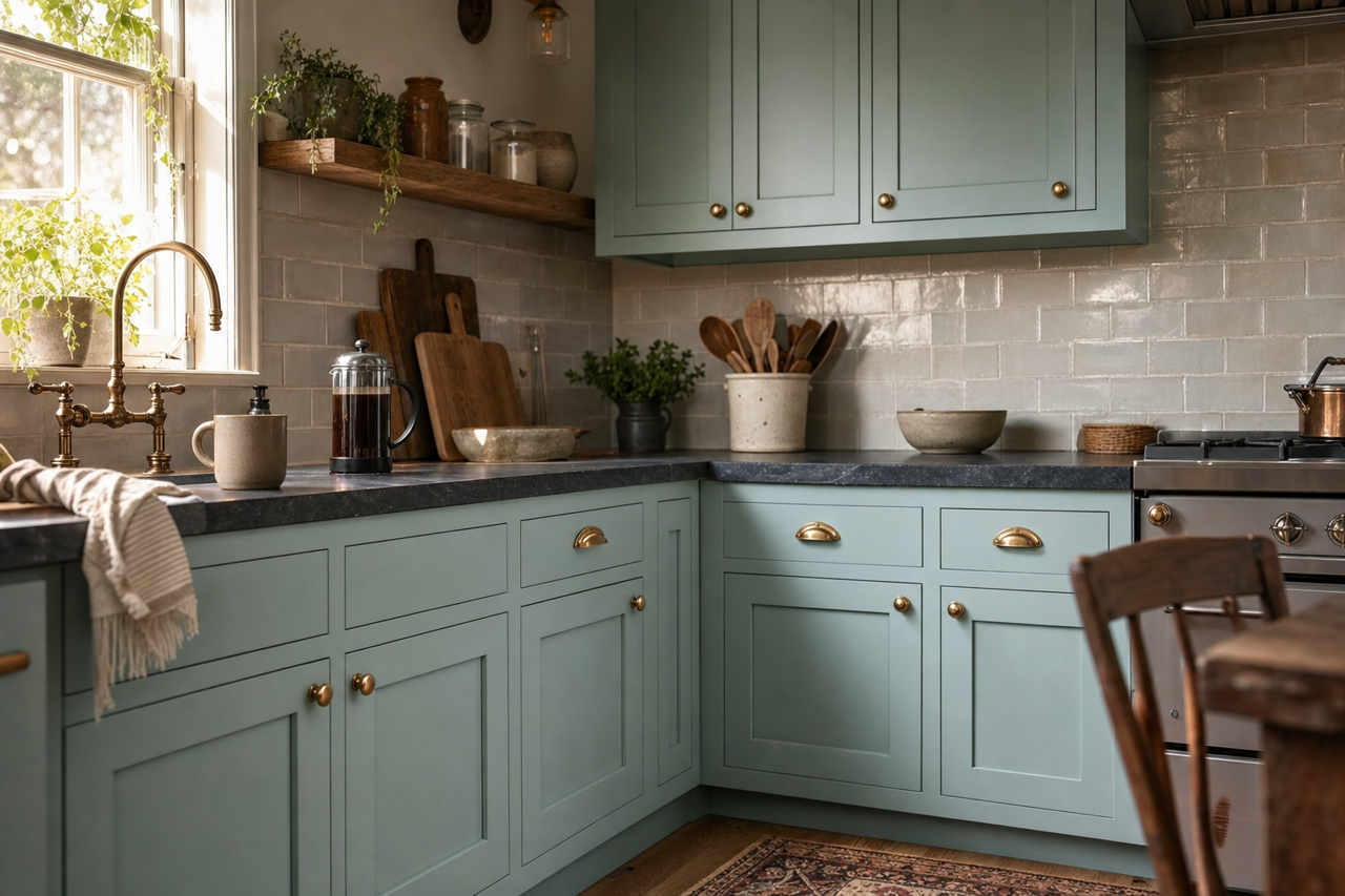 Rhine River by Benjamin Moore on cabinets