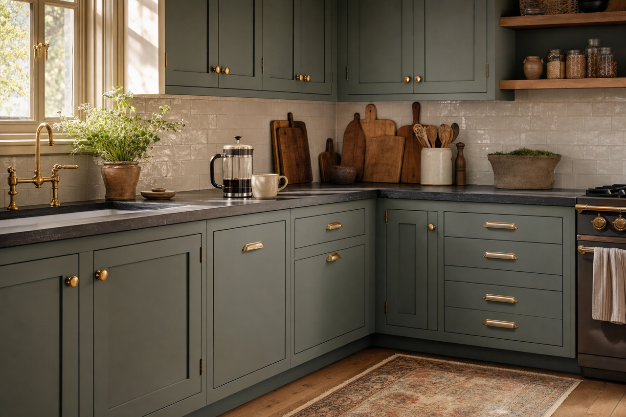 Enchanted Forest by Benjamin Moore on cabinets