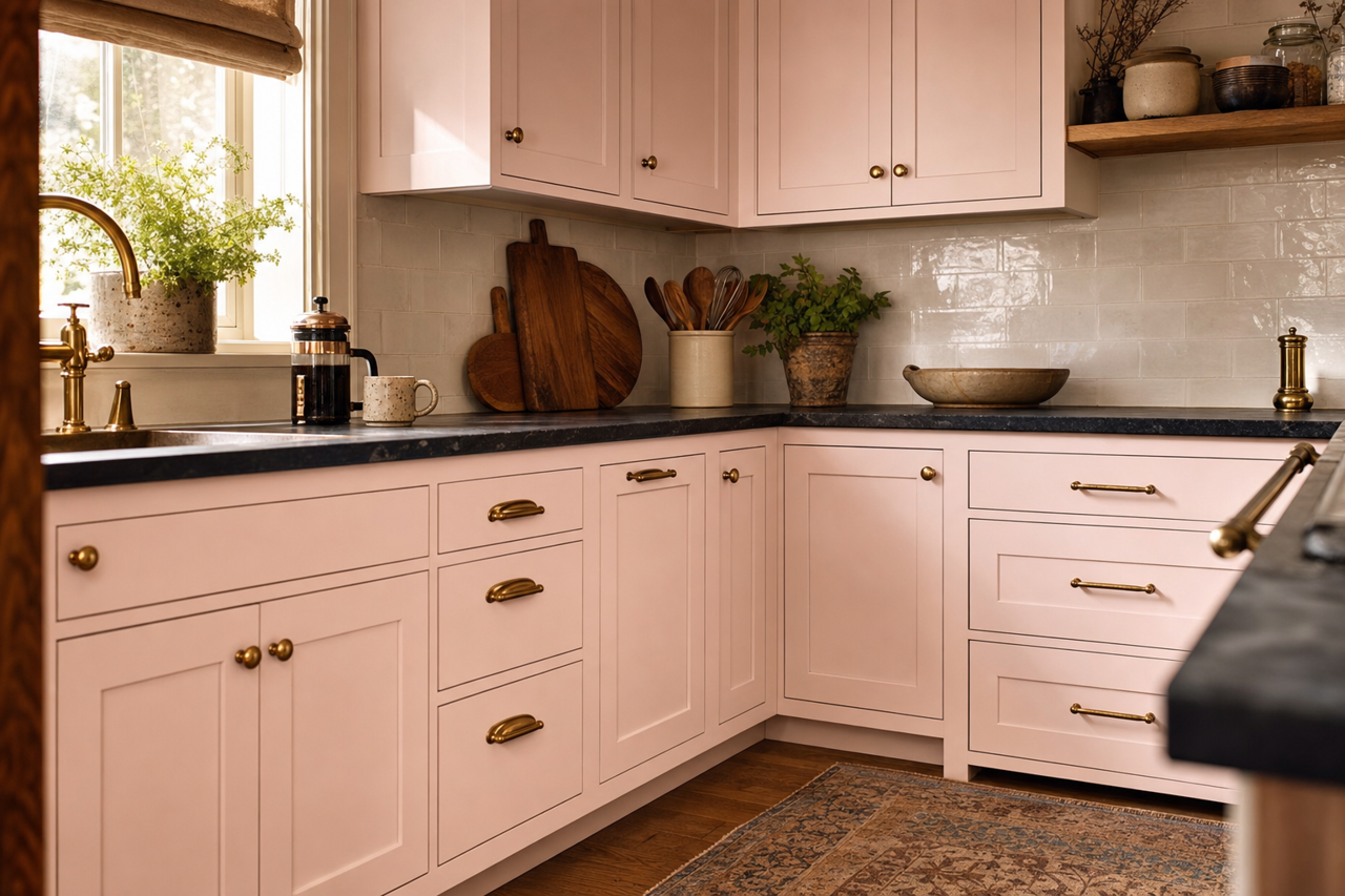 Noble Blush by Valspar on cabinets