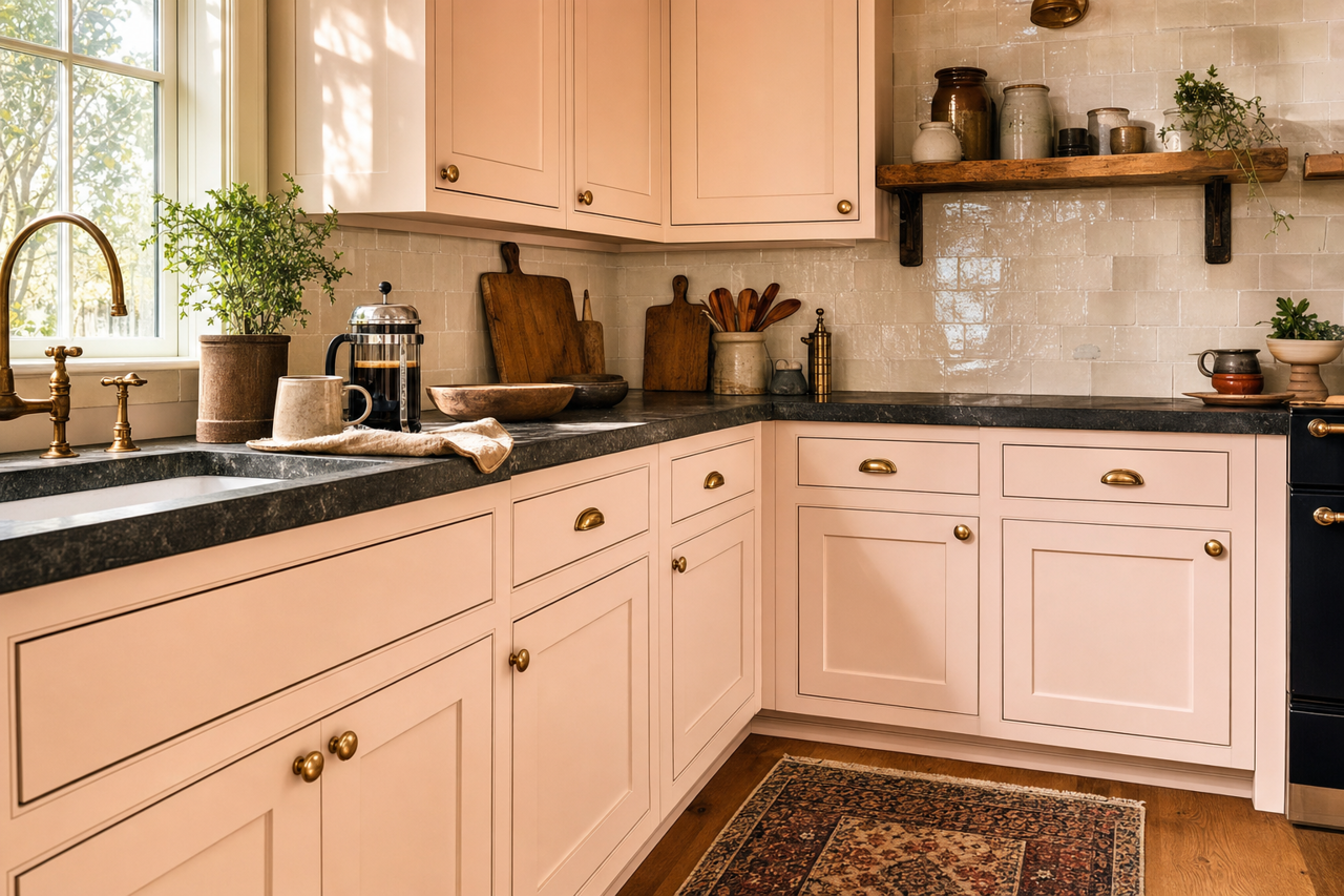Mosaic Pink by Valspar on cabinets