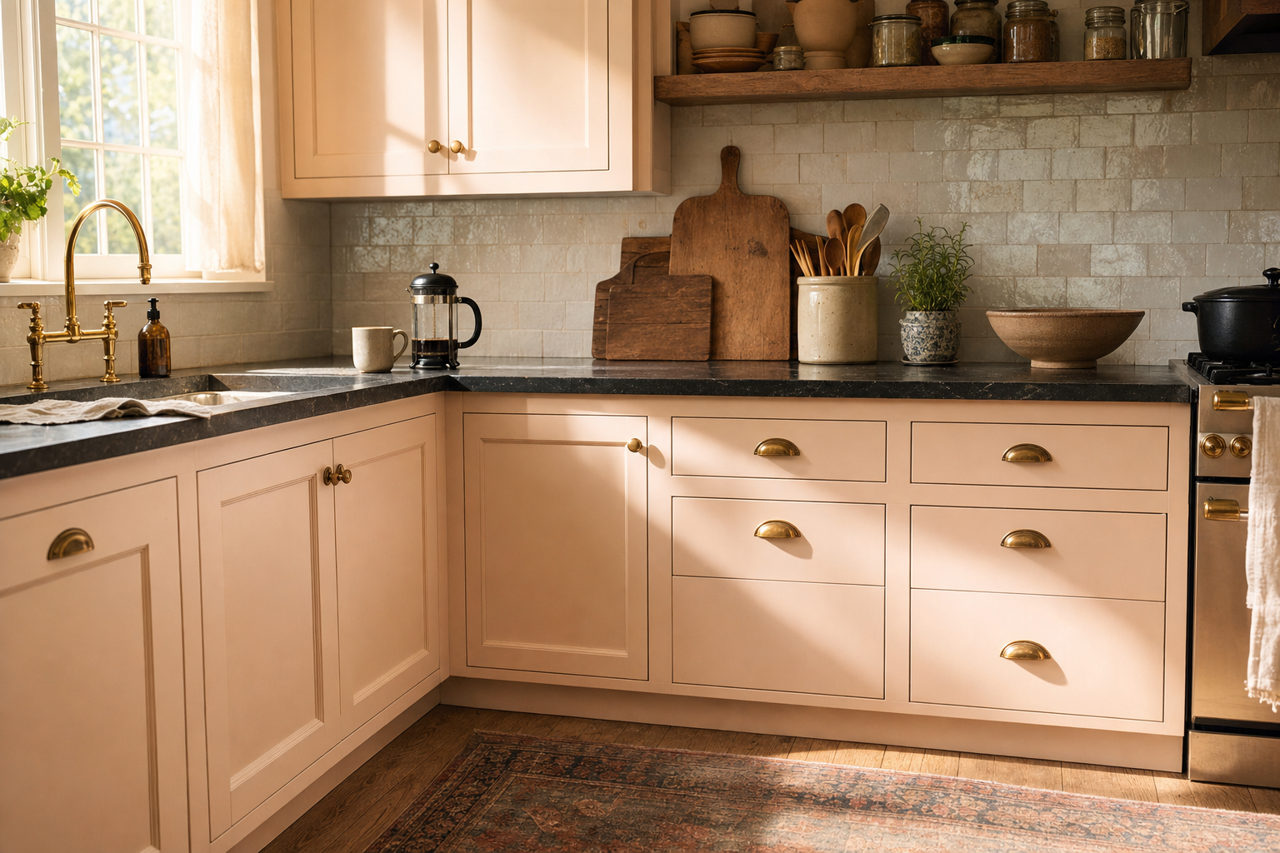 Apricot Fluff by Valspar on cabinets