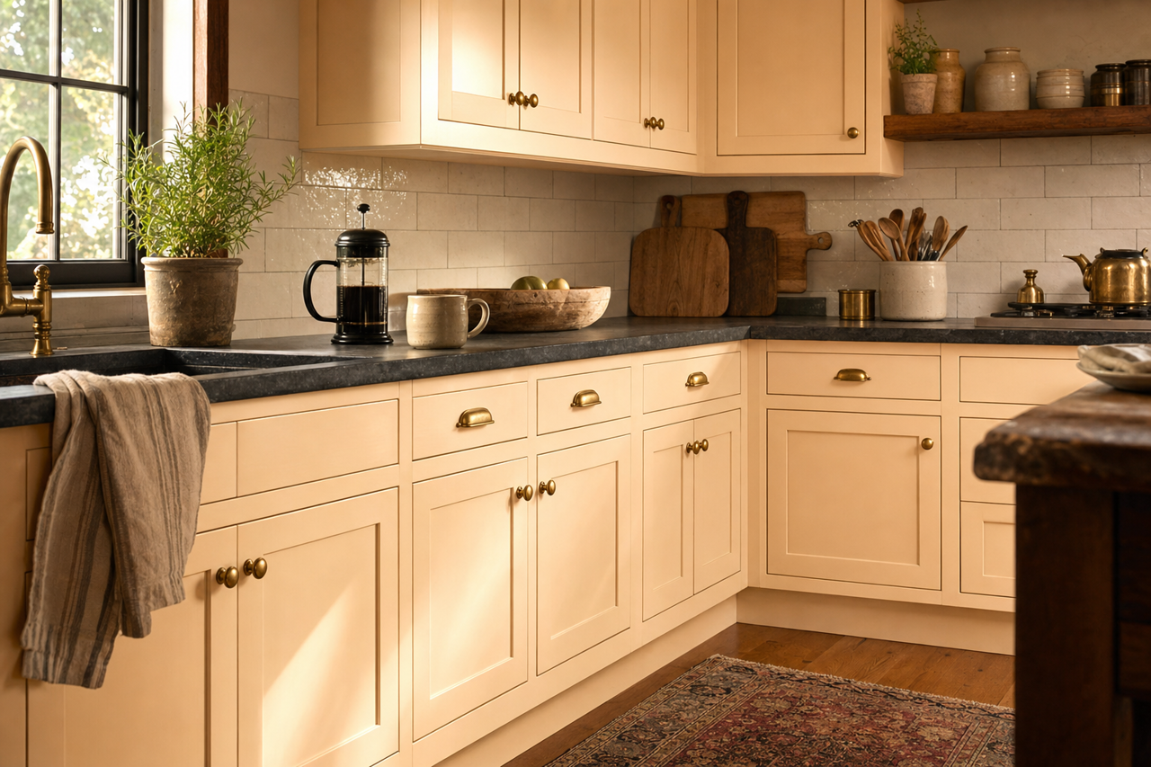 Apricot Haze by Valspar on cabinets