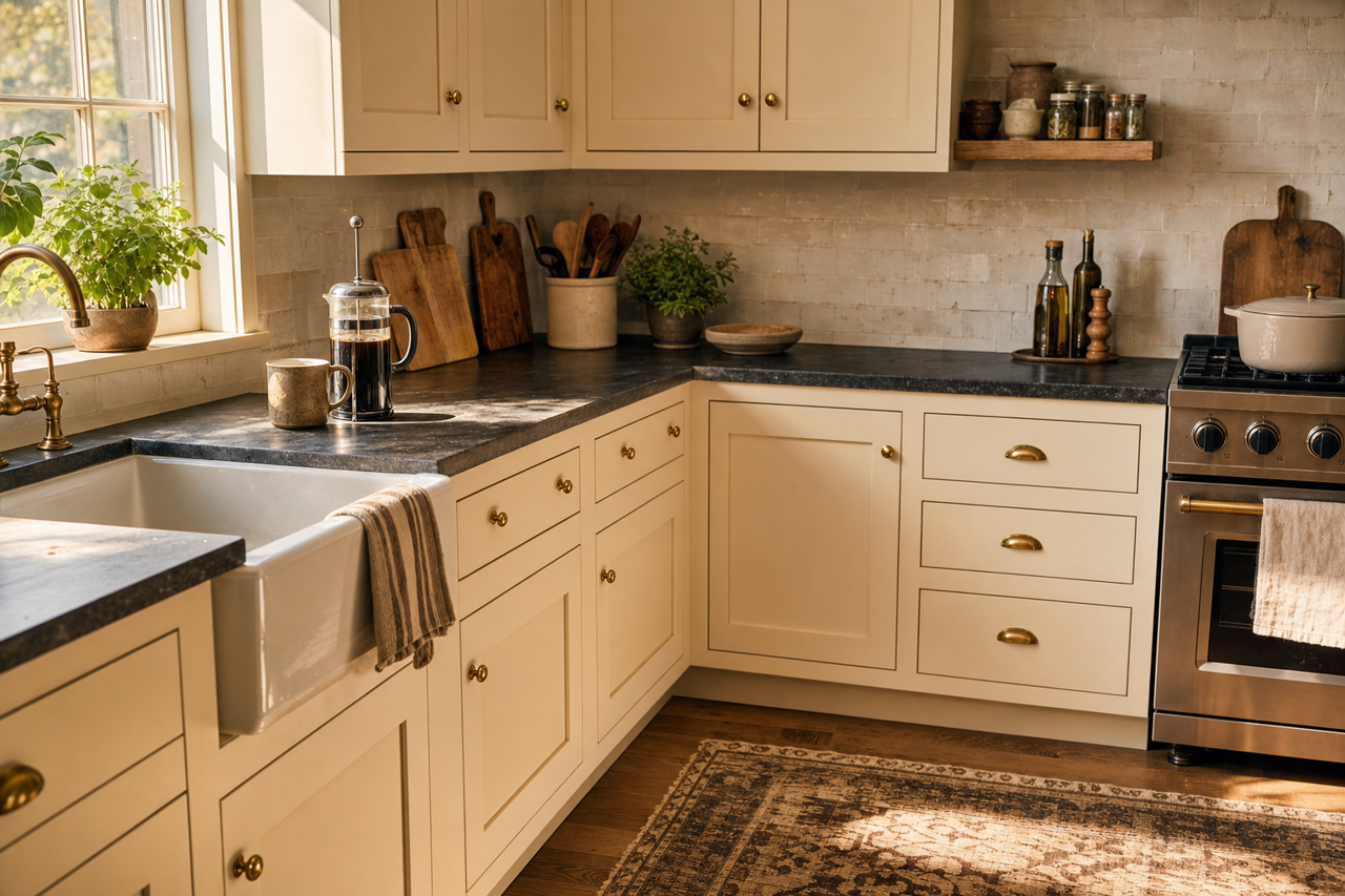 Courtyard Tan by Valspar on cabinets