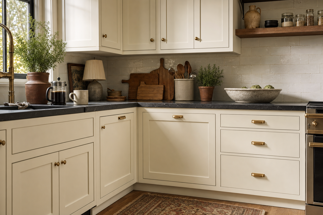 Swiss Coffee by Valspar on cabinets