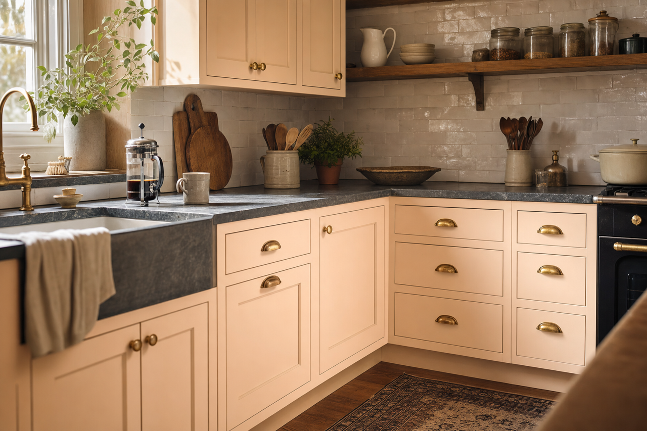 Abalone Pink by Valspar on cabinets