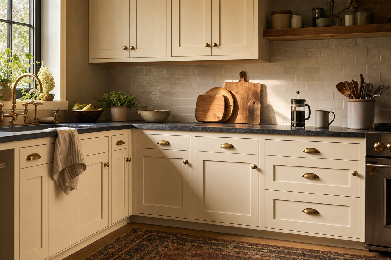 Oyster Pearl by Valspar on cabinets