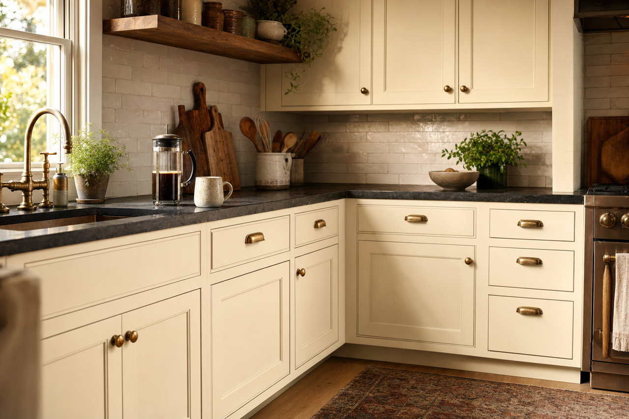 Pale Bloom by Valspar on cabinets