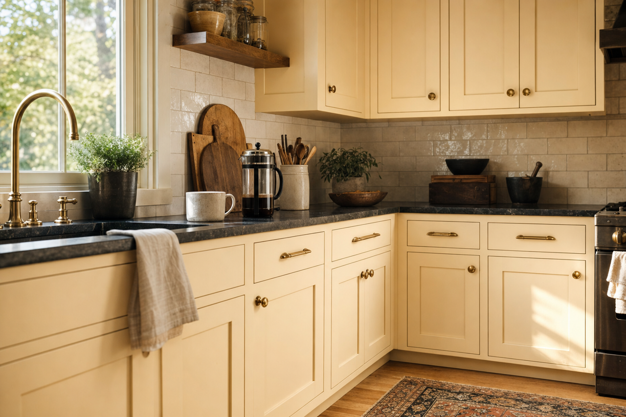 Veranda Ivory by Valspar on cabinets