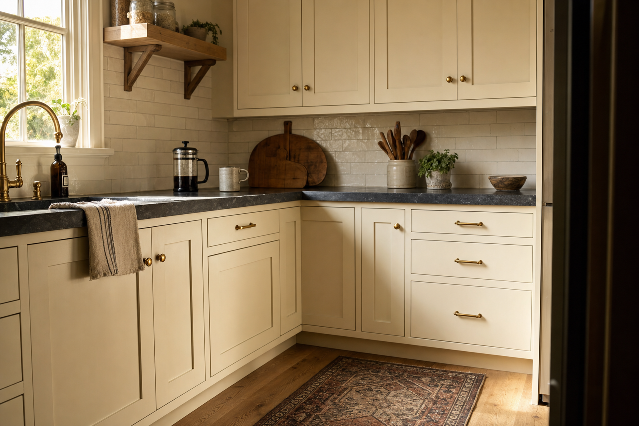 Satin Snow by Valspar on cabinets