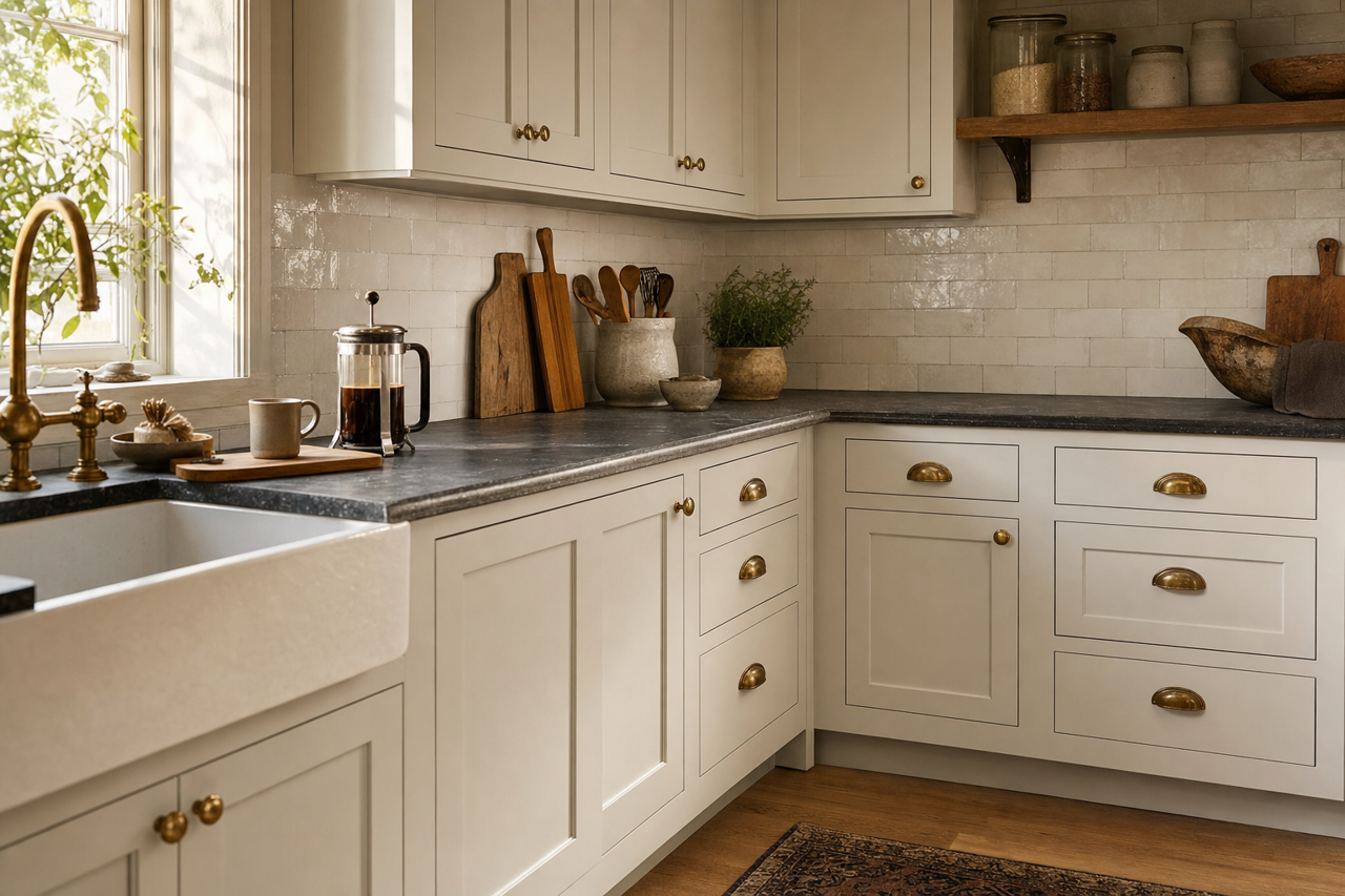 Sandstone Gray by Valspar on cabinets