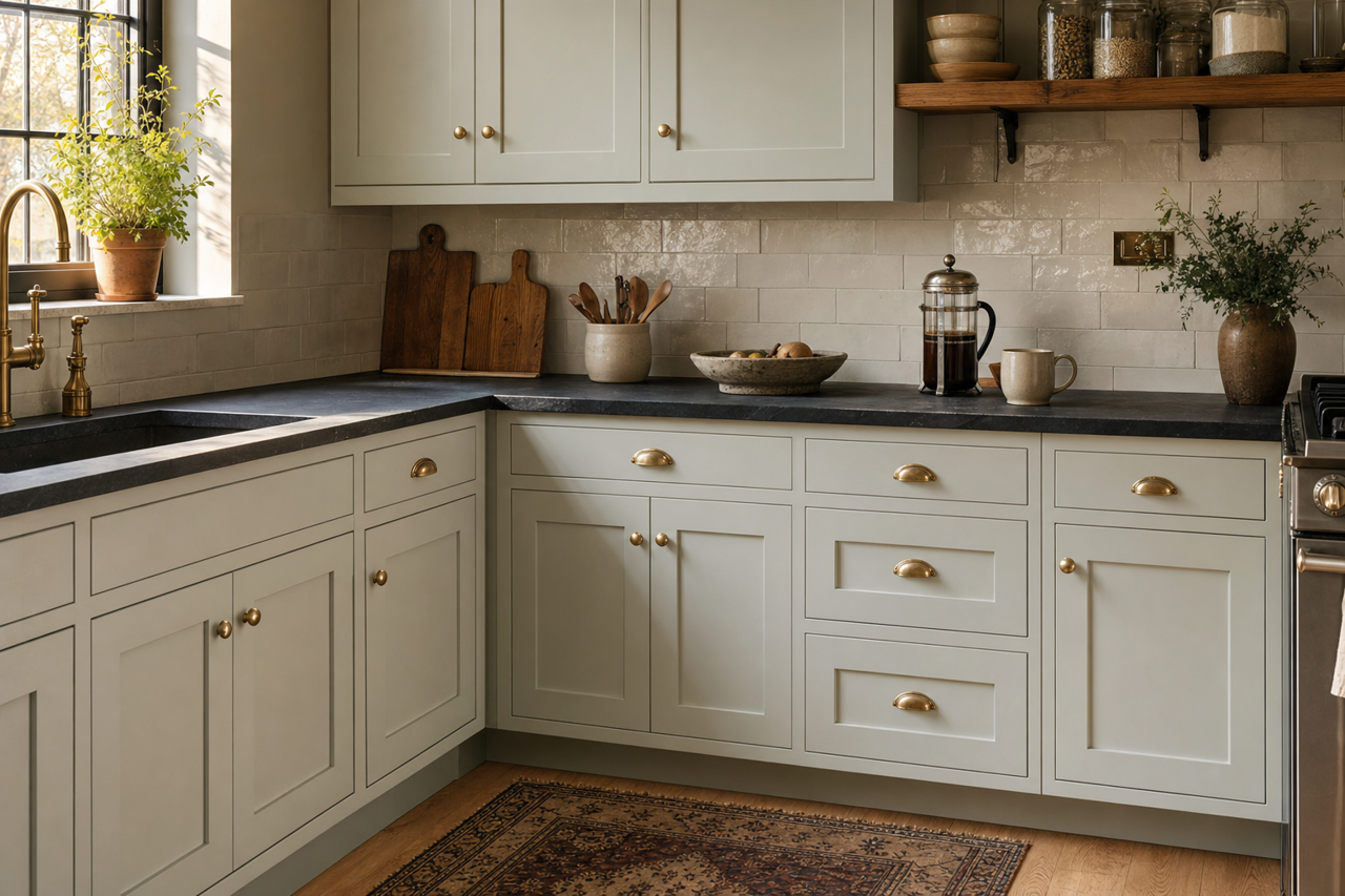 Pale Linen by Valspar on cabinets