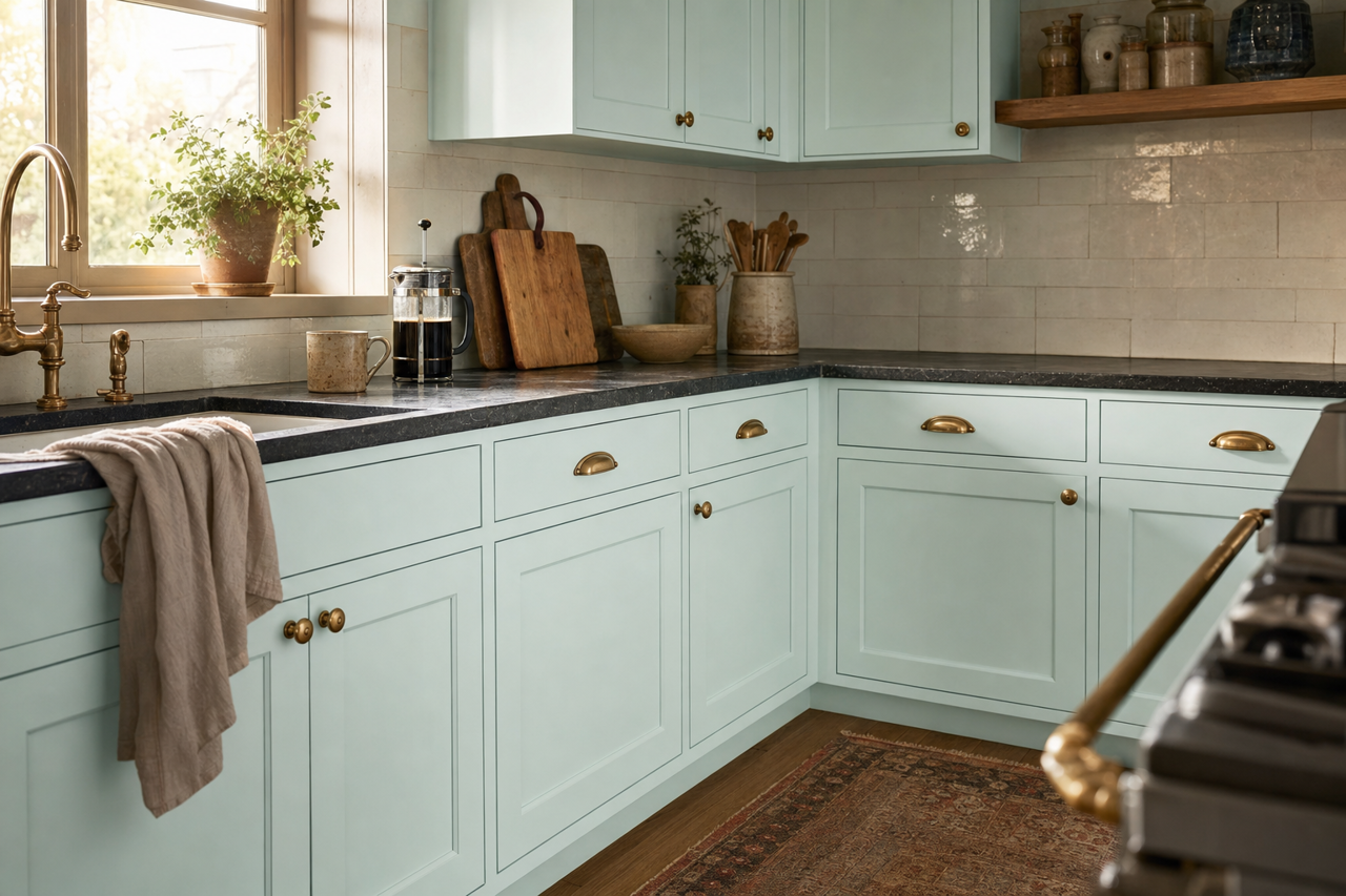 Cool Elegance by Valspar on cabinets