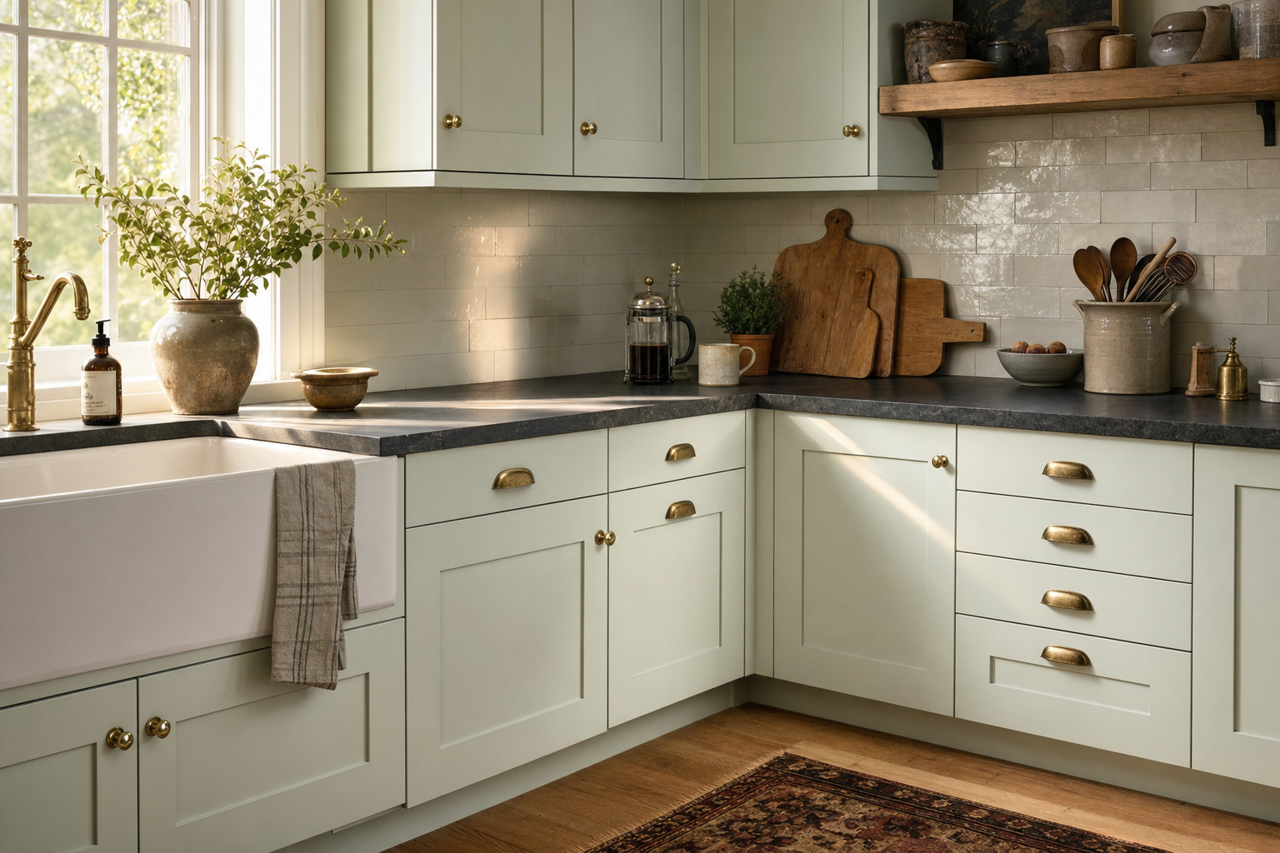 Mint Spritzer by Valspar on cabinets