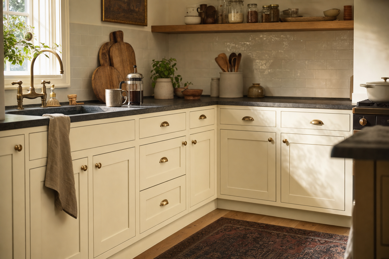 Betsy's Linen by Valspar on cabinets