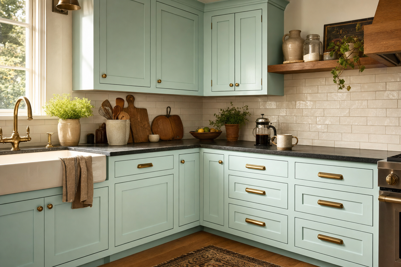 Stillness by Valspar on cabinets