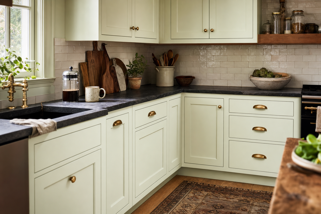 New Monsoon by Valspar on cabinets
