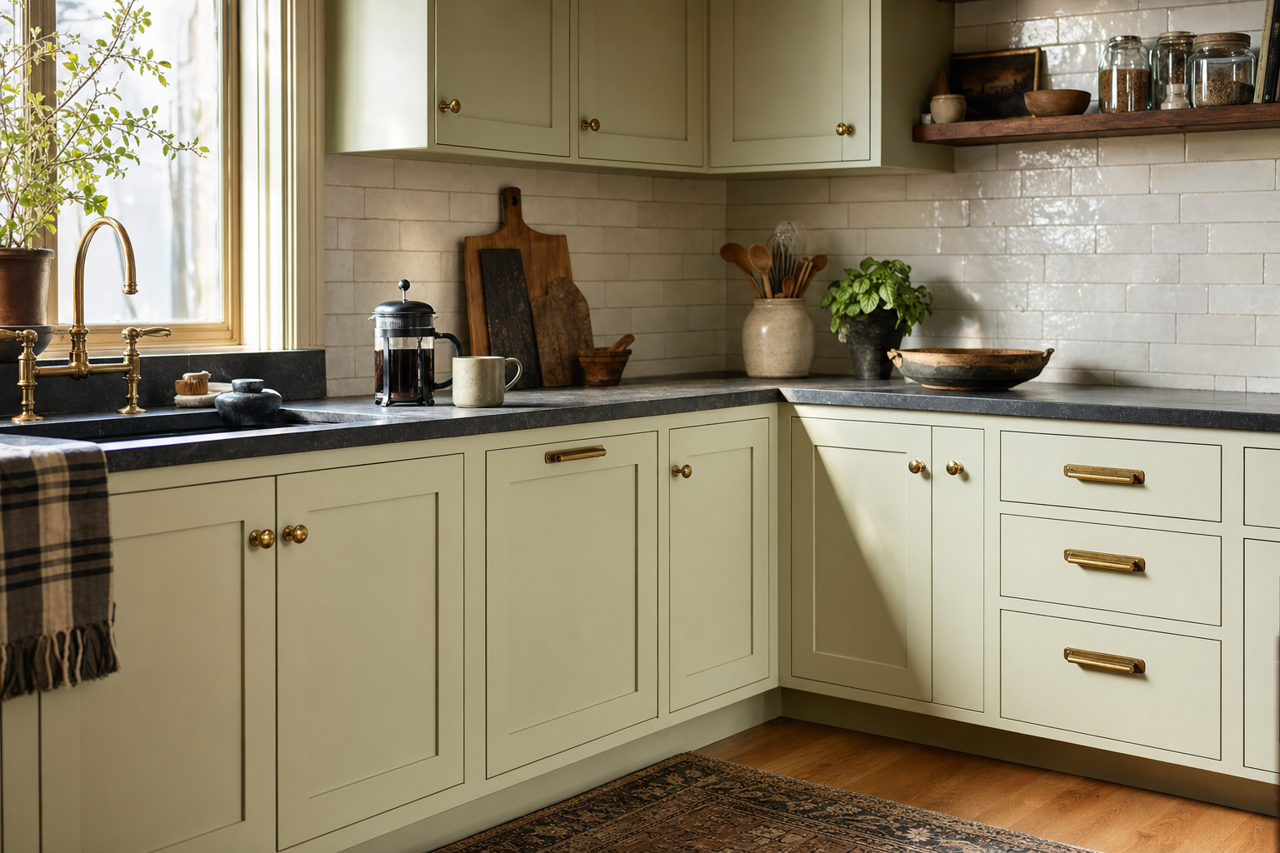 Light Moss by Valspar on cabinets