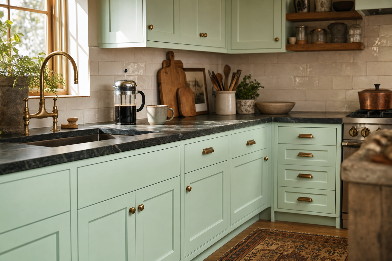 Neon Mint by Valspar on cabinets