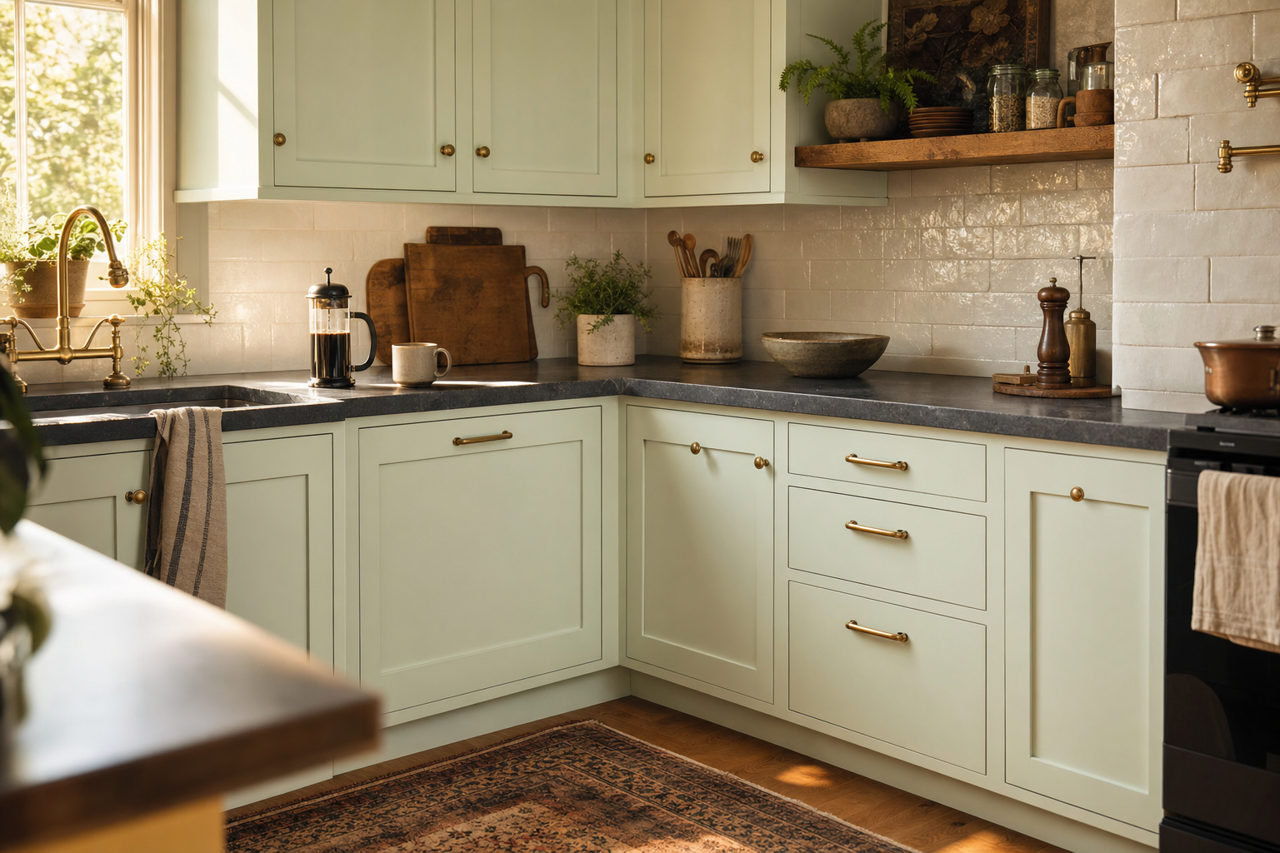 Sea Cove by Valspar on cabinets