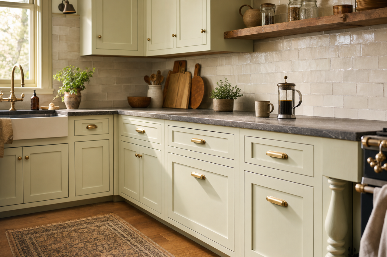 Parisian Mist by Valspar on cabinets