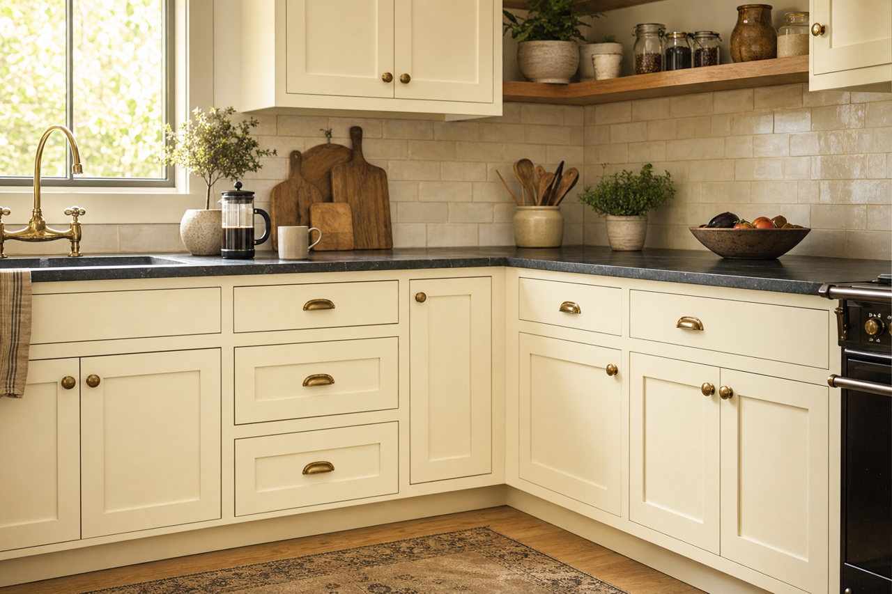 Ocean Buff by Valspar on cabinets