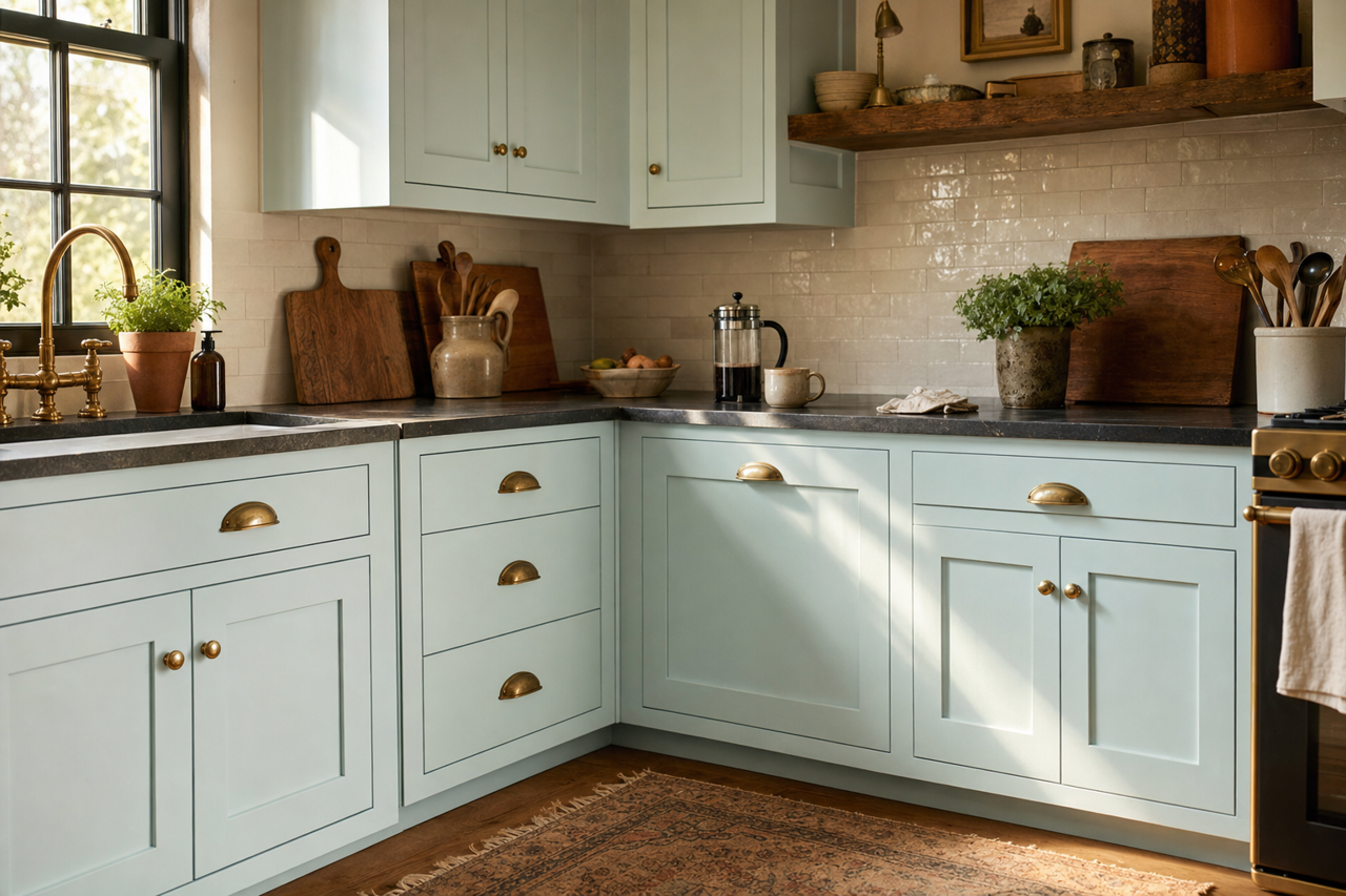 Hotspring Green by Valspar on cabinets