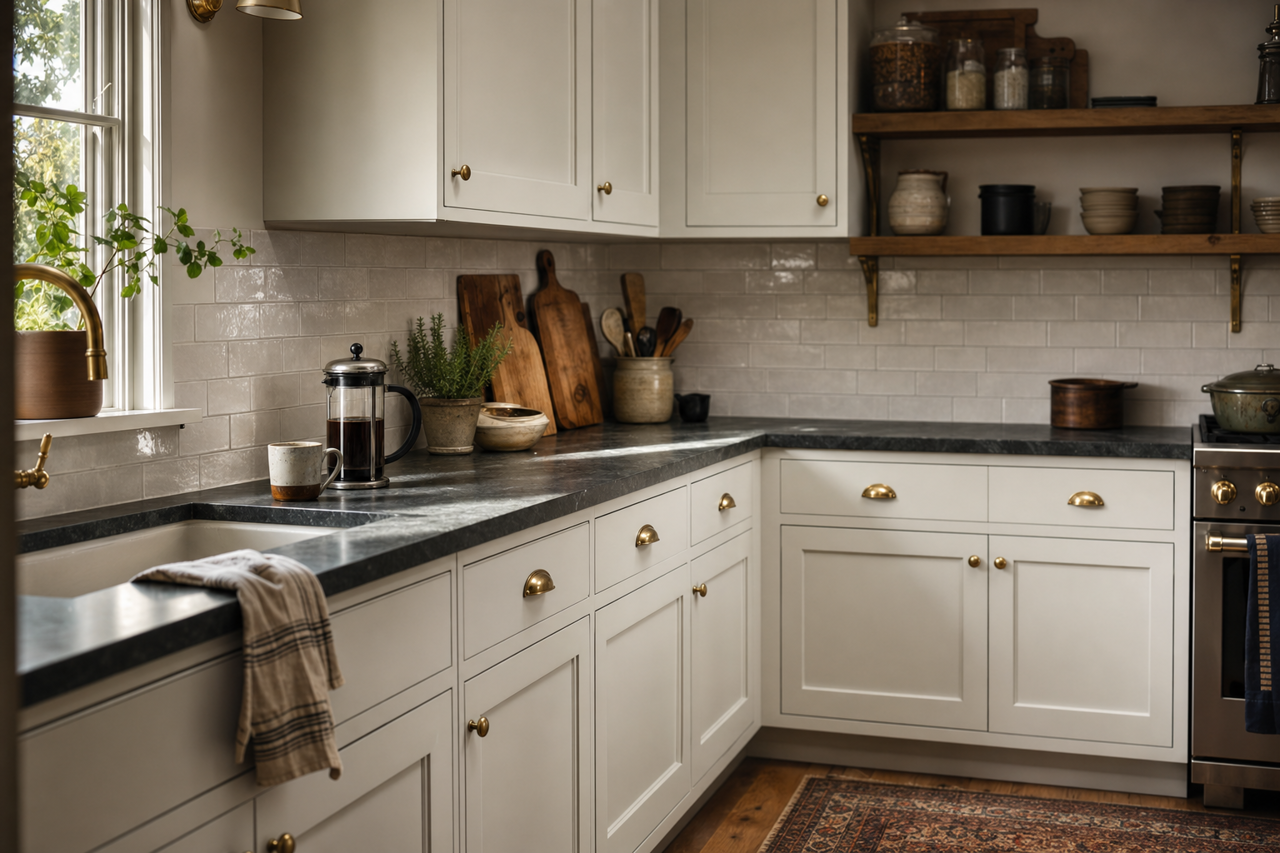 Blizzard Fog by Valspar on cabinets