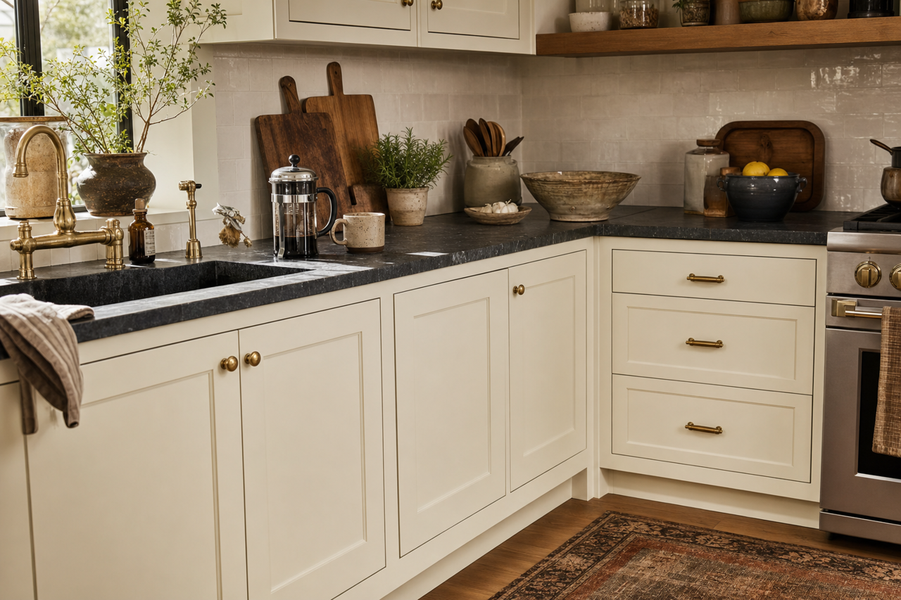 Paramount White by Valspar on cabinets