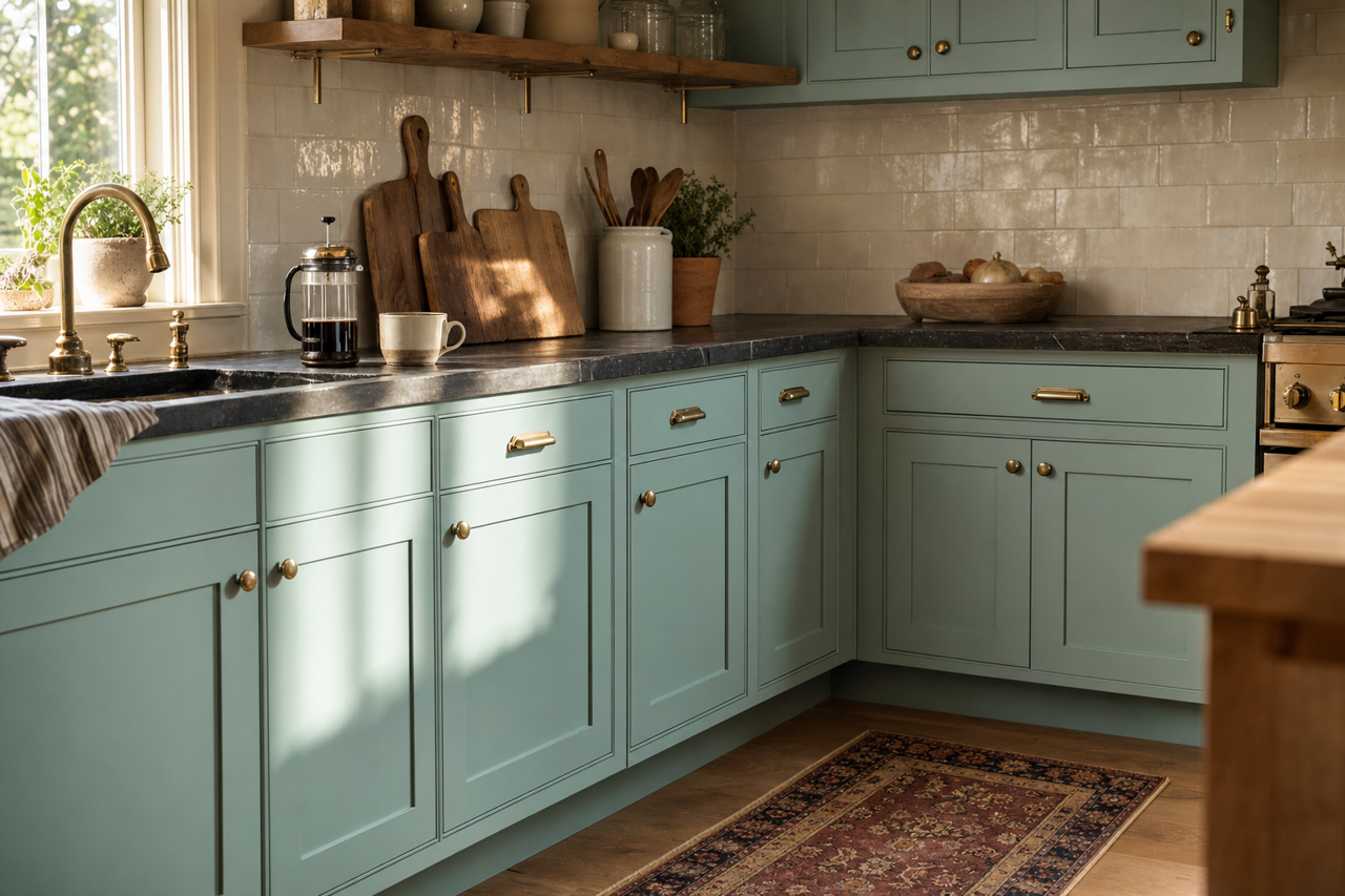 Kensington Green by Benjamin Moore on cabinets