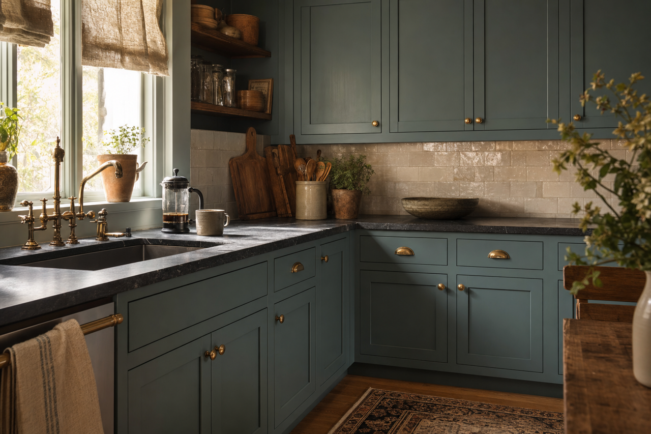 Polished Slate by Benjamin Moore on cabinets