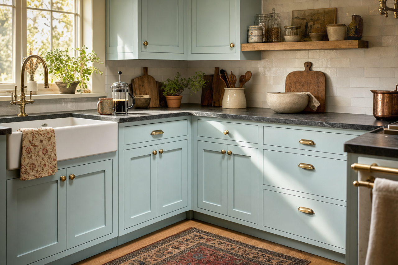 Fantasy Blue by Benjamin Moore on cabinets