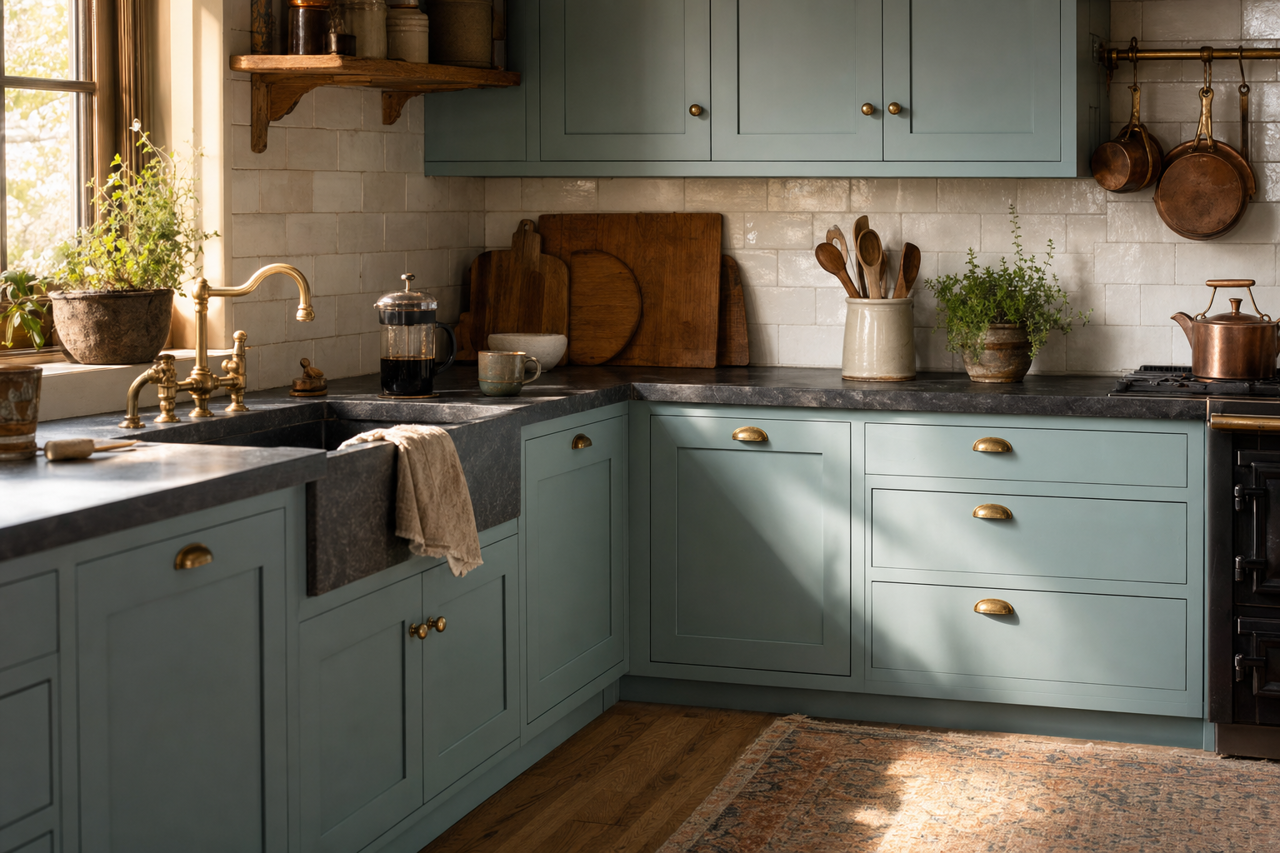 Ocean City Blue by Benjamin Moore on cabinets
