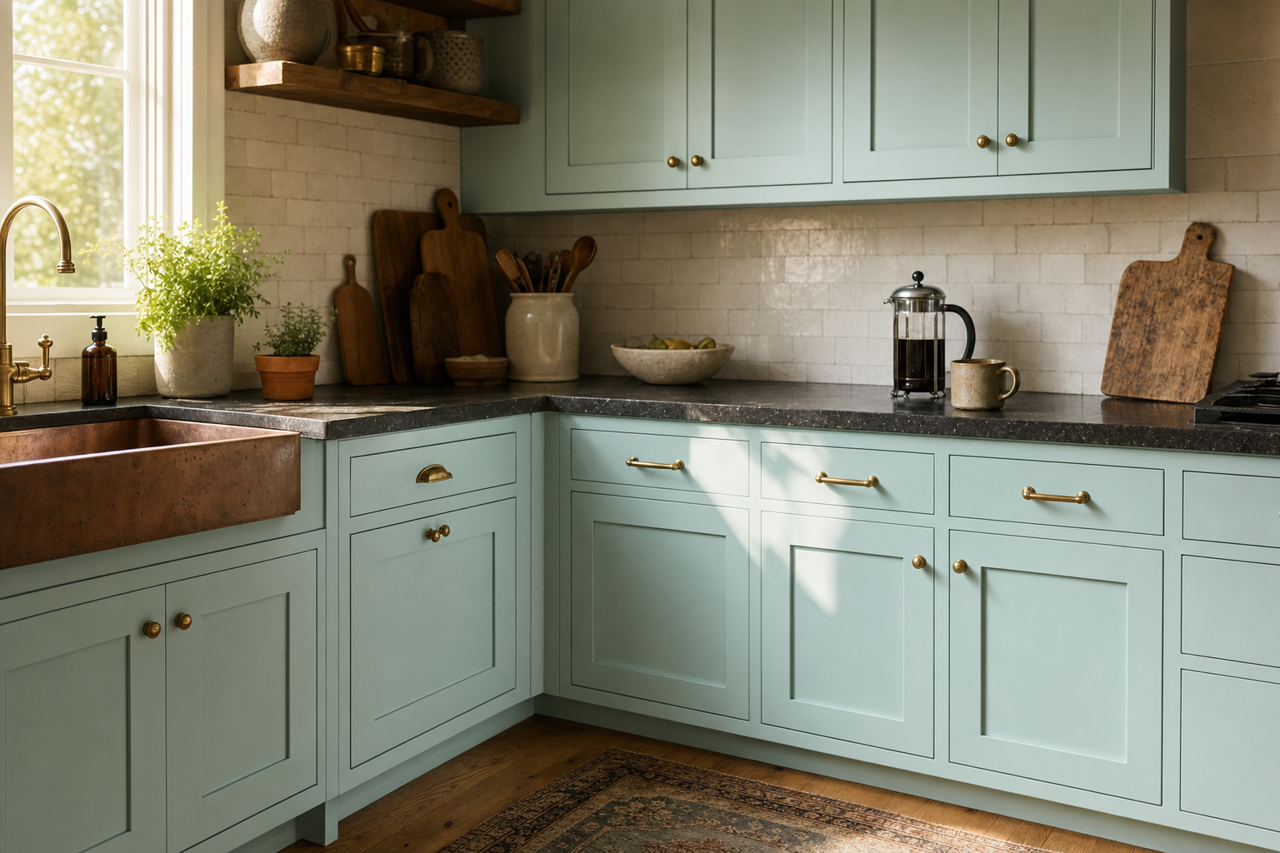 Dolphin's Cove by Benjamin Moore on cabinets