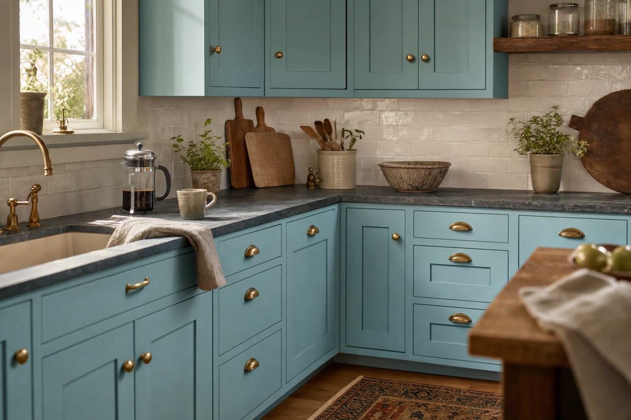 Peacock Feathers by Benjamin Moore on cabinets