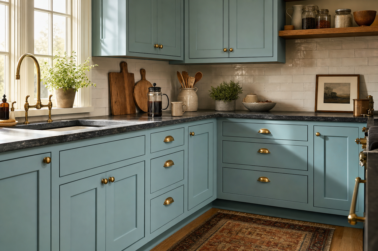 Seaside Resort by Benjamin Moore on cabinets