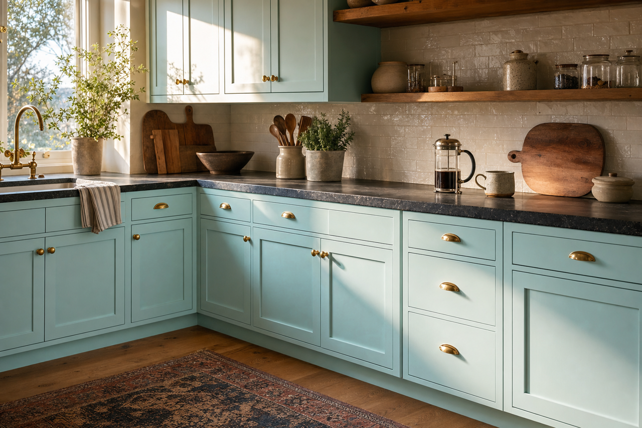 San Clemente Teal by Benjamin Moore on cabinets